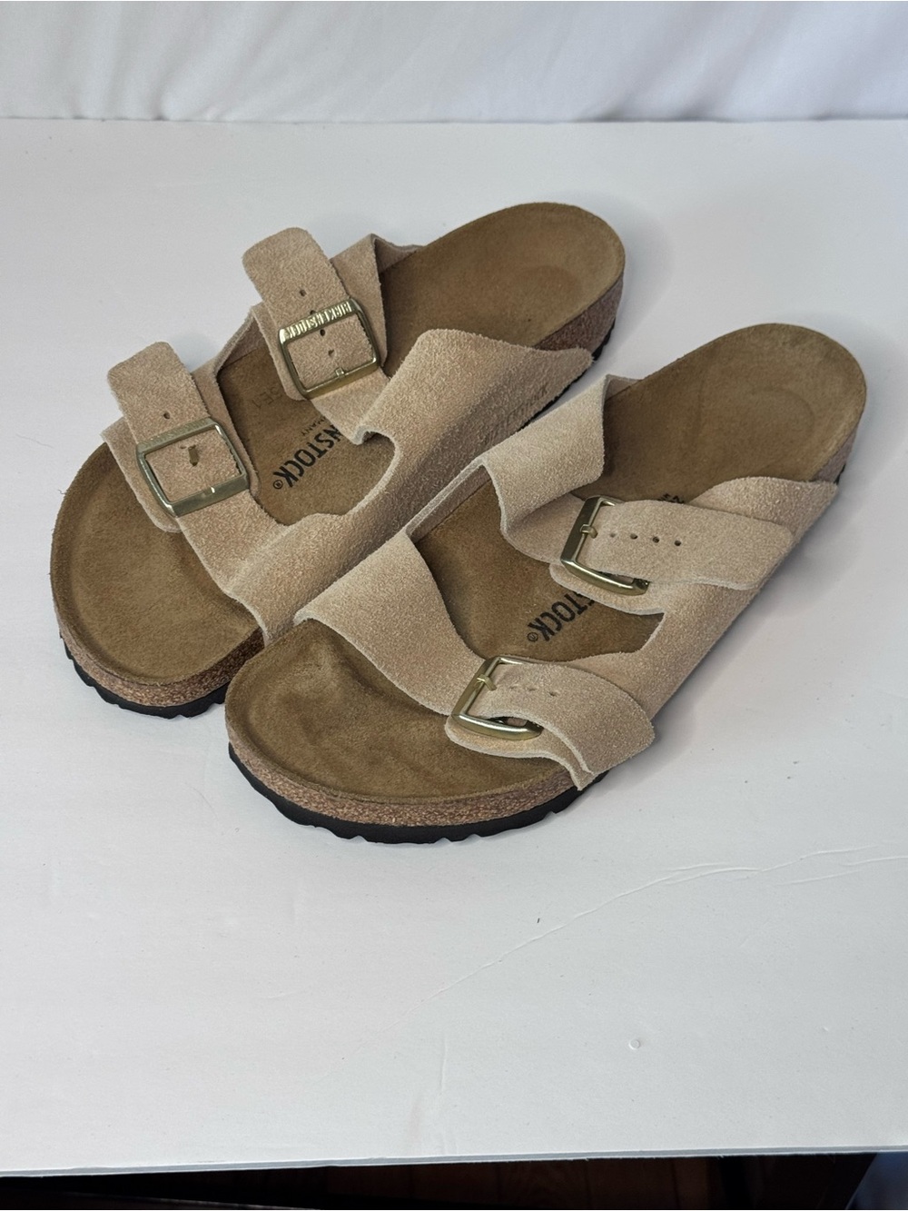 Beige Suede Double-Buckle Cork Sandals Birkenstock Men 10